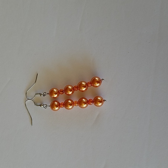 Hand Crafted Pearl Dangle Earrings Orange 2 7/8" Long - Picture 4 of 5